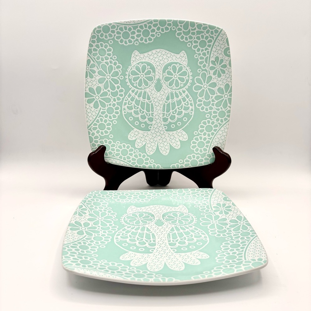 Roscher Mint / Seafoam Green Lace Owl Pattern Square Salad Plates - Set of 2